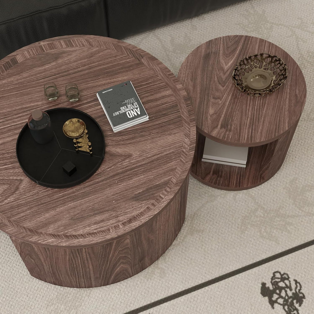 Round Nesting Coffee Table Set 2 with Storage for Small Space, Walnut | Wood ...