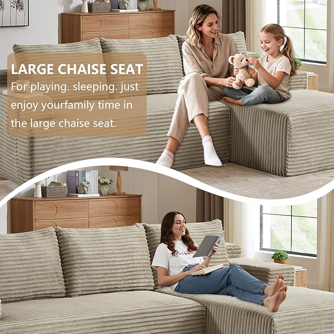 96.1" Modular Sectional Sofa Couches L-Shape Couch 3 Seat Modular Sofa Corduroy Memory Foam Sectional Boneless Couches for Living Room, Cloud Couch with Oversized Chaise(Camel, Right Facing)