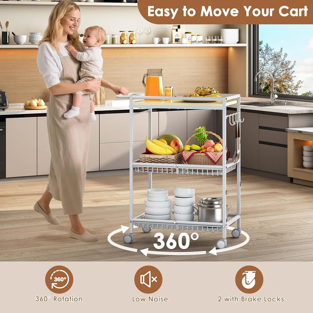 Microwave Kitchen Cart with 2 Lockable Wheels, White Kitchen Storage Cart wit...