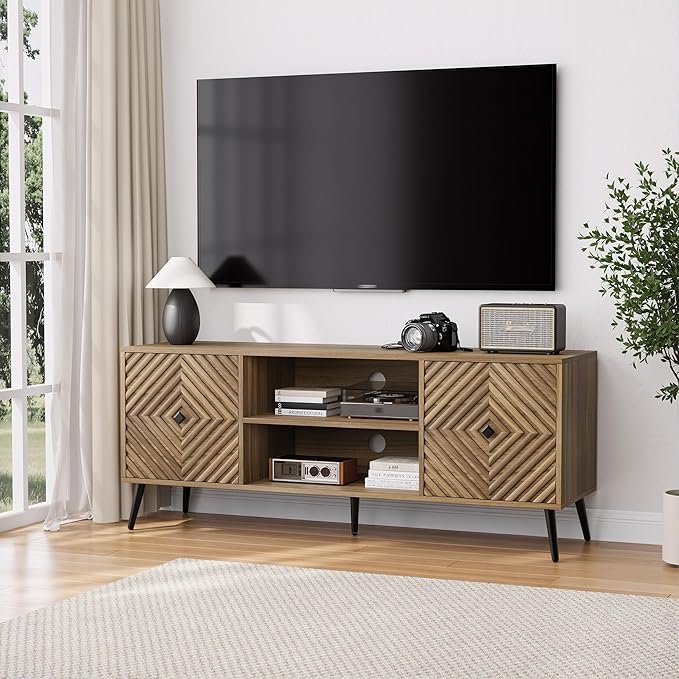 Smuxee Walnut TV Stand with Fluted Diamond Doors, 55.12" Mid Century Modern TV Media Console for TVs up to 65", TV Cabinet with Adjustable Shelf & 2 Cabinets for Living Room
