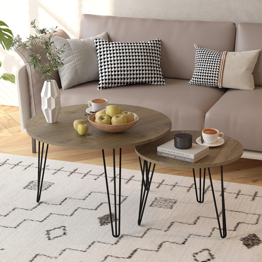 Small Round Nesting Coffee Table Set of 2 for Living Room, 27.56 inch Wood Mo...