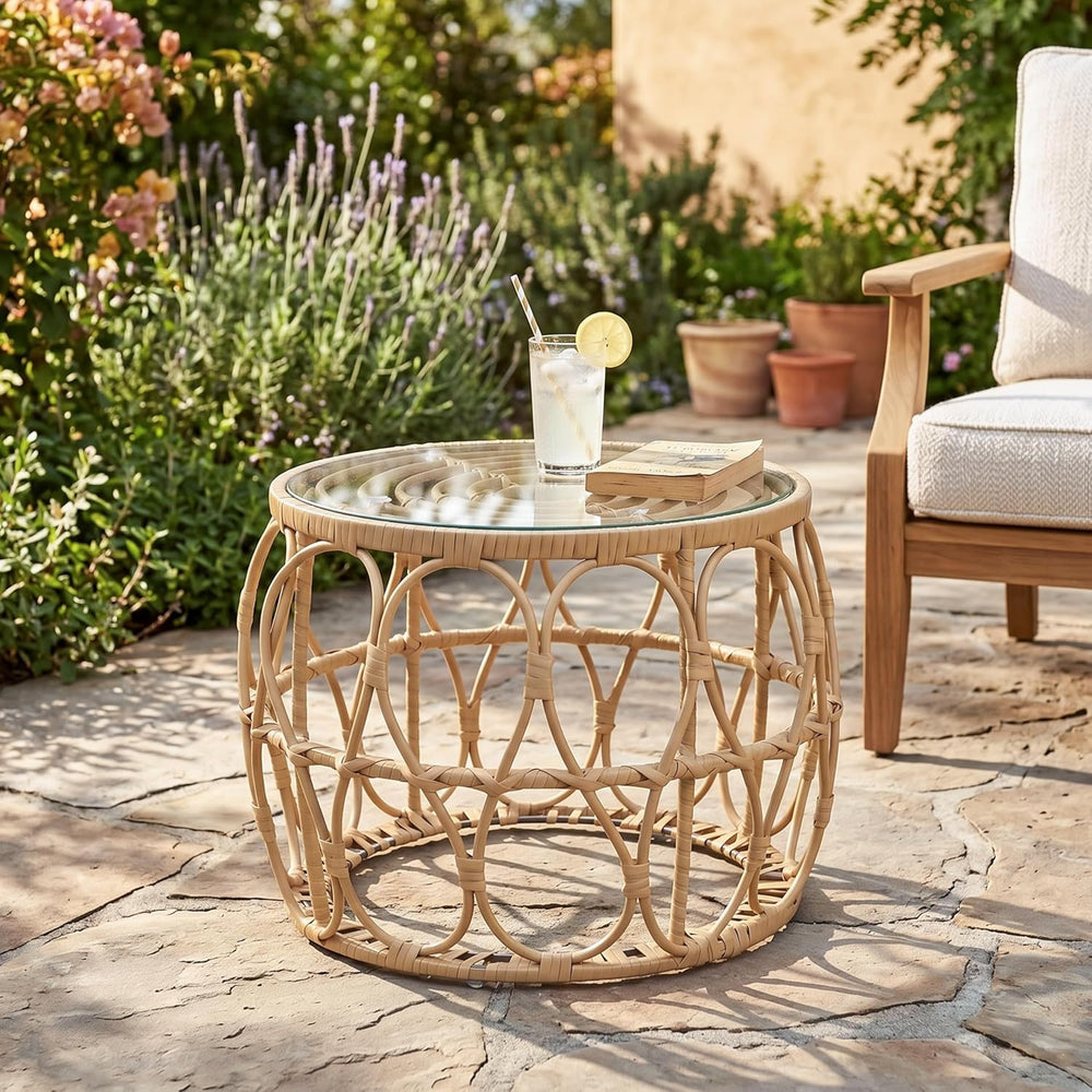 Furniture of America Ysar Boho Rattan Round Coffee Table Outdoor with 5mm Tem...