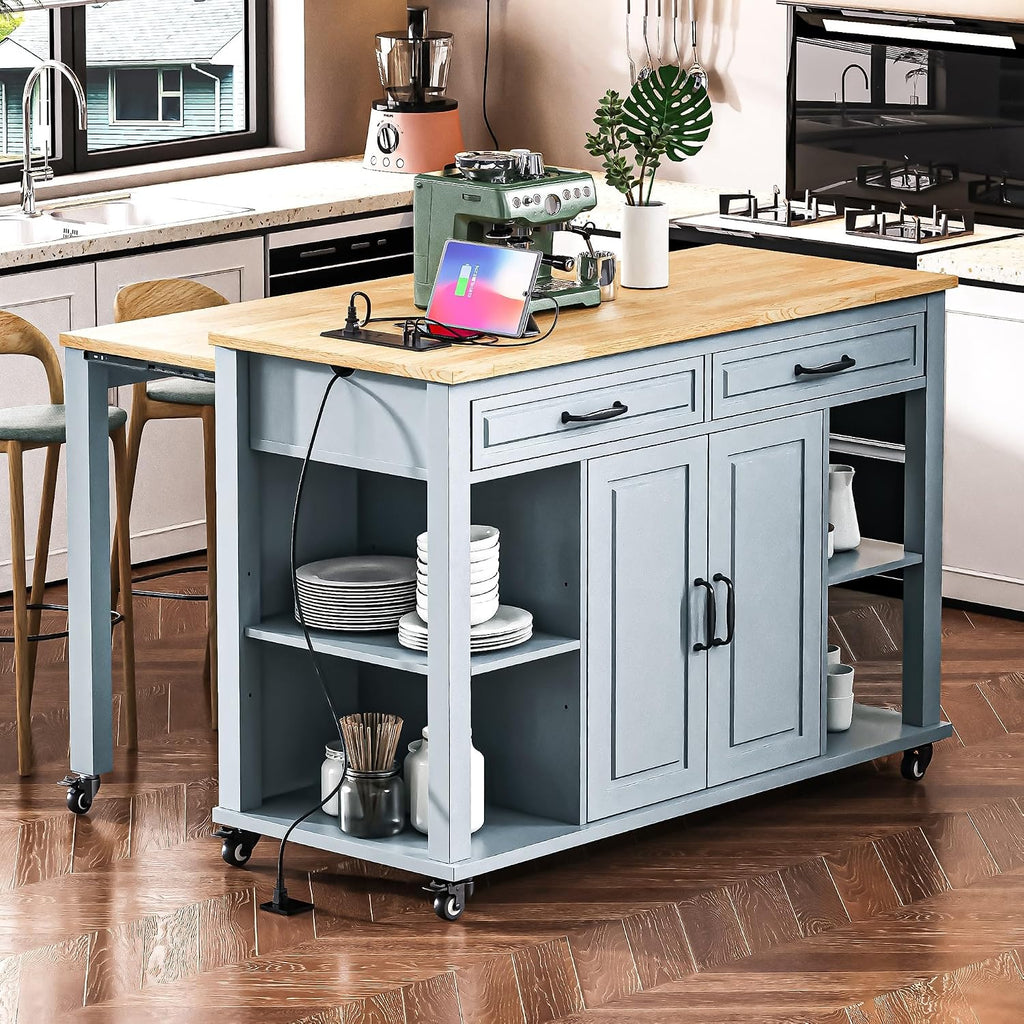 Kitchen Cart with Rubber Wood Drop-Leaf Countertop,Cabinet Door Internal Storage Racks,Kitchen Island on 5 Wheels with Storage Cabinet and 3 Drawers for Dinning Room, Black (Grey+ Blue)
