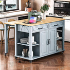 Kitchen Cart with Rubber Wood Drop-Leaf Countertop,Cabinet Door Internal Storage Racks,Kitchen Island on 5 Wheels with Storage Cabinet and 3 Drawers for Dinning Room, Black (Grey+ Blue)