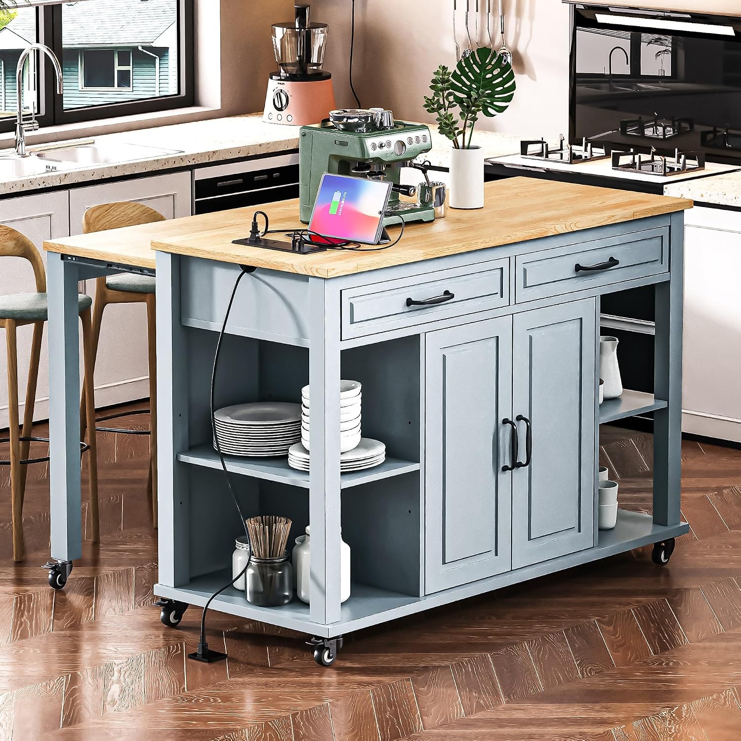 Kitchen Cart with Rubber Wood Drop-Leaf Countertop,Cabinet Door Internal Storage Racks,Kitchen Island on 5 Wheels with Storage Cabinet and 3 Drawers for Dinning Room, Black (Grey+ Blue)