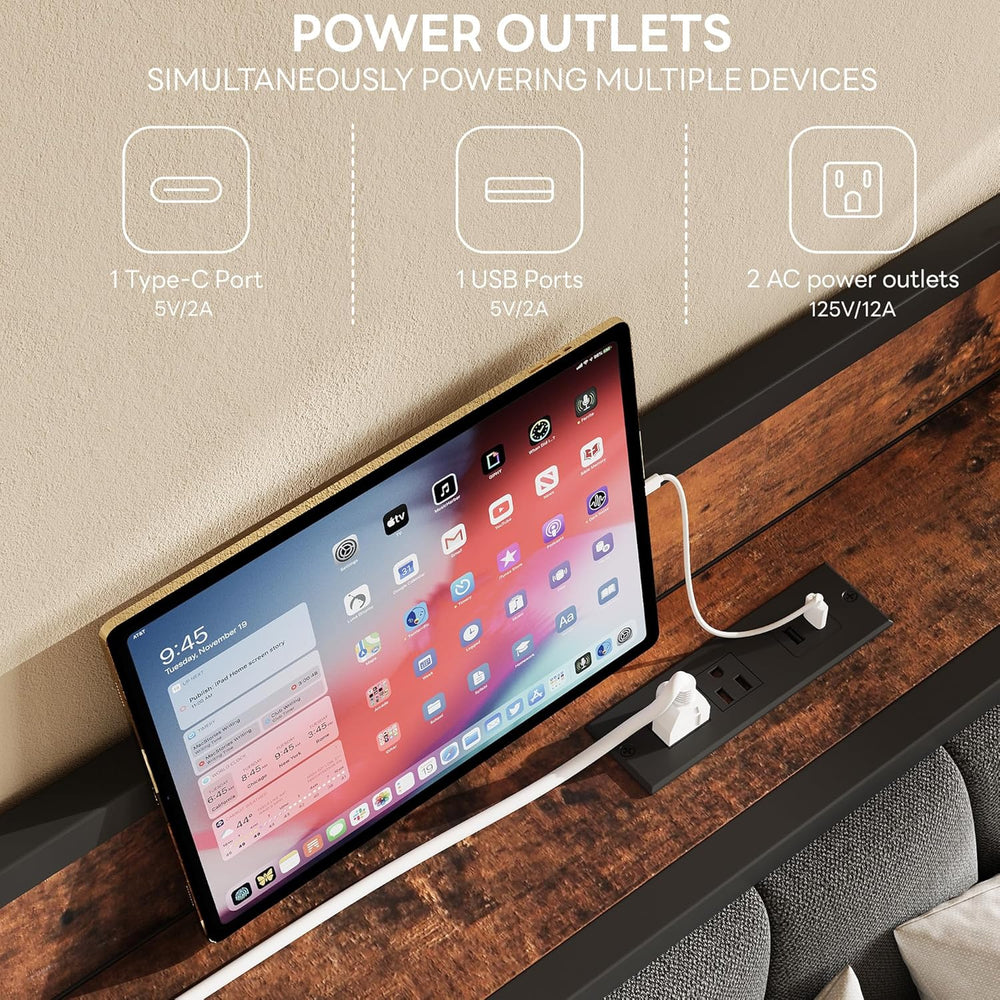 LIKIMIO Full Size Bed Frame with Storage Headboard and Charging Station