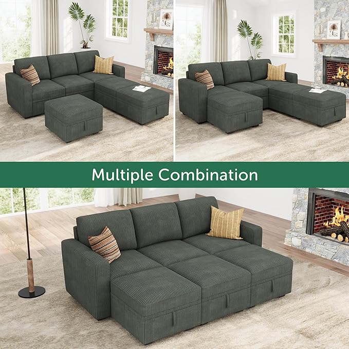HONBAY Modular Sectional Sleeper Sofa Bed, Pull Out Couch with Storage Ottoman, U Shaped Sectional Couches for Living Room, Green