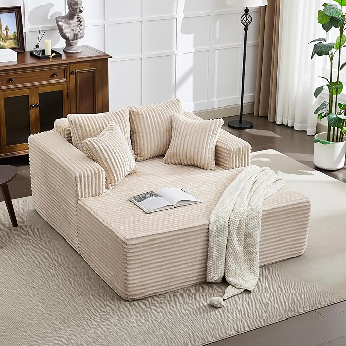 54.3"W Oversized Chaise Lounge Chair Indoor, Boneless Corduroy Sleeper Sofa Bed with 4 Pillows, Armrests, Comfy Fluffy Reading Couch, No Assembly Required Cloud Sofa for Living Room, Bedroom, Office