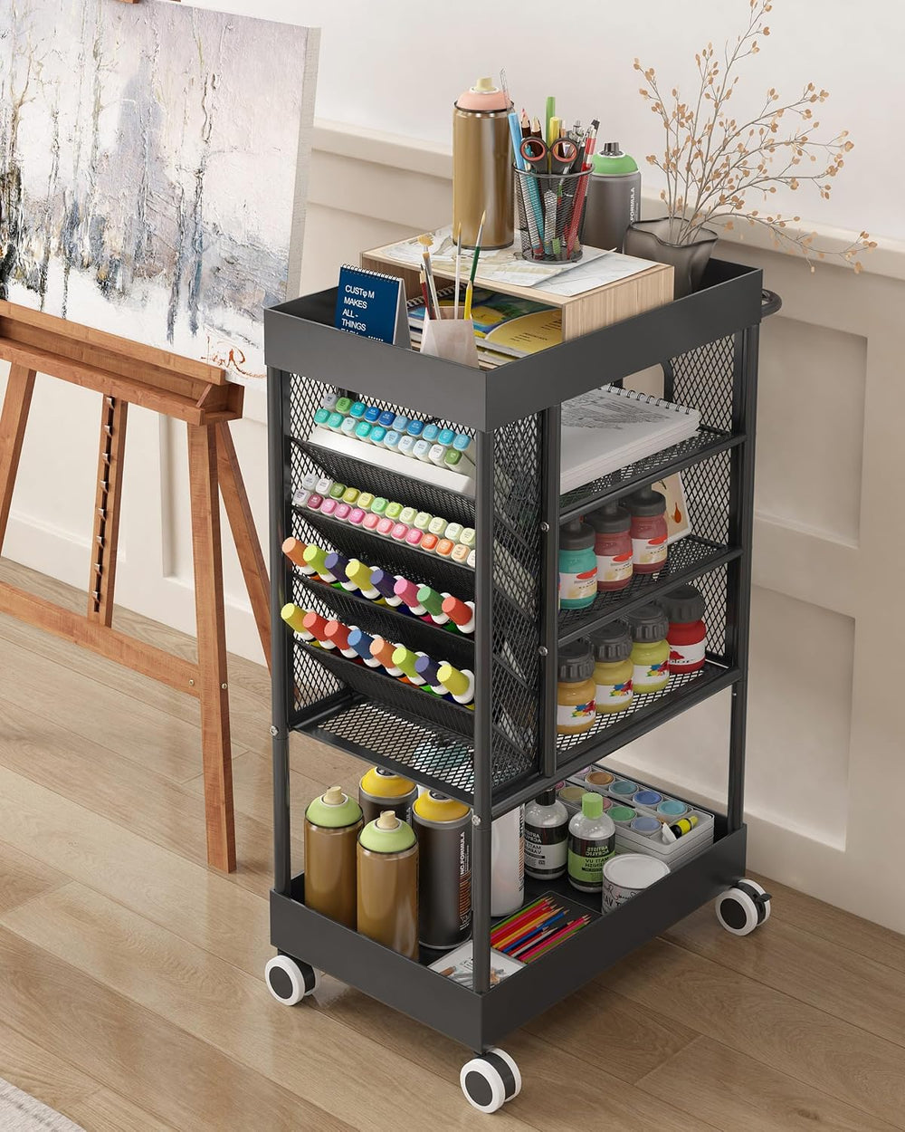 Rolling Utility Art Cart with Paint Storage & Brush Organizer,Black | Met...