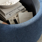 Modern Round Storage Ottoman with Wooden Top,Handmade Luxury Pleated Circle Fabric Storage Ottoman Coffee Table,End Table & Footstool for Living Room（Navy Blue）