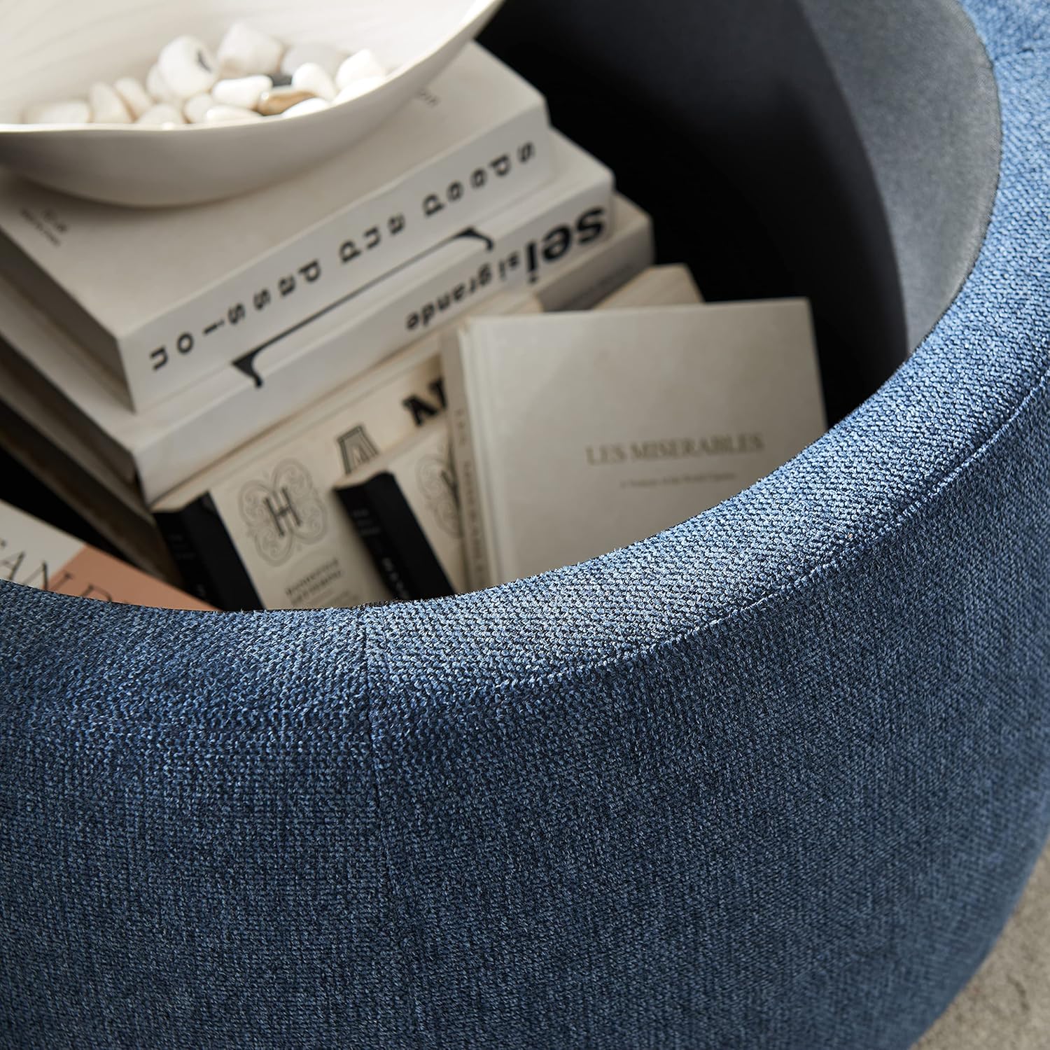 Modern Round Storage Ottoman with Wooden Top,Handmade Luxury Pleated Circle Fabric Storage Ottoman Coffee Table,End Table & Footstool for Living Room（Navy Blue）