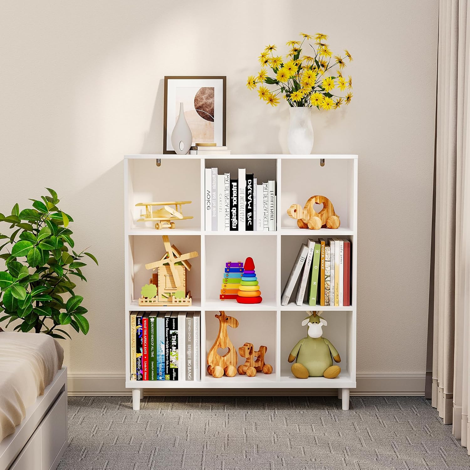 Wood Cube Storage Organizer White Bookshelf - 3-Tier Freestanding Storage Cabinet with Legs for Home Office, 9-Cubes Open Shelf