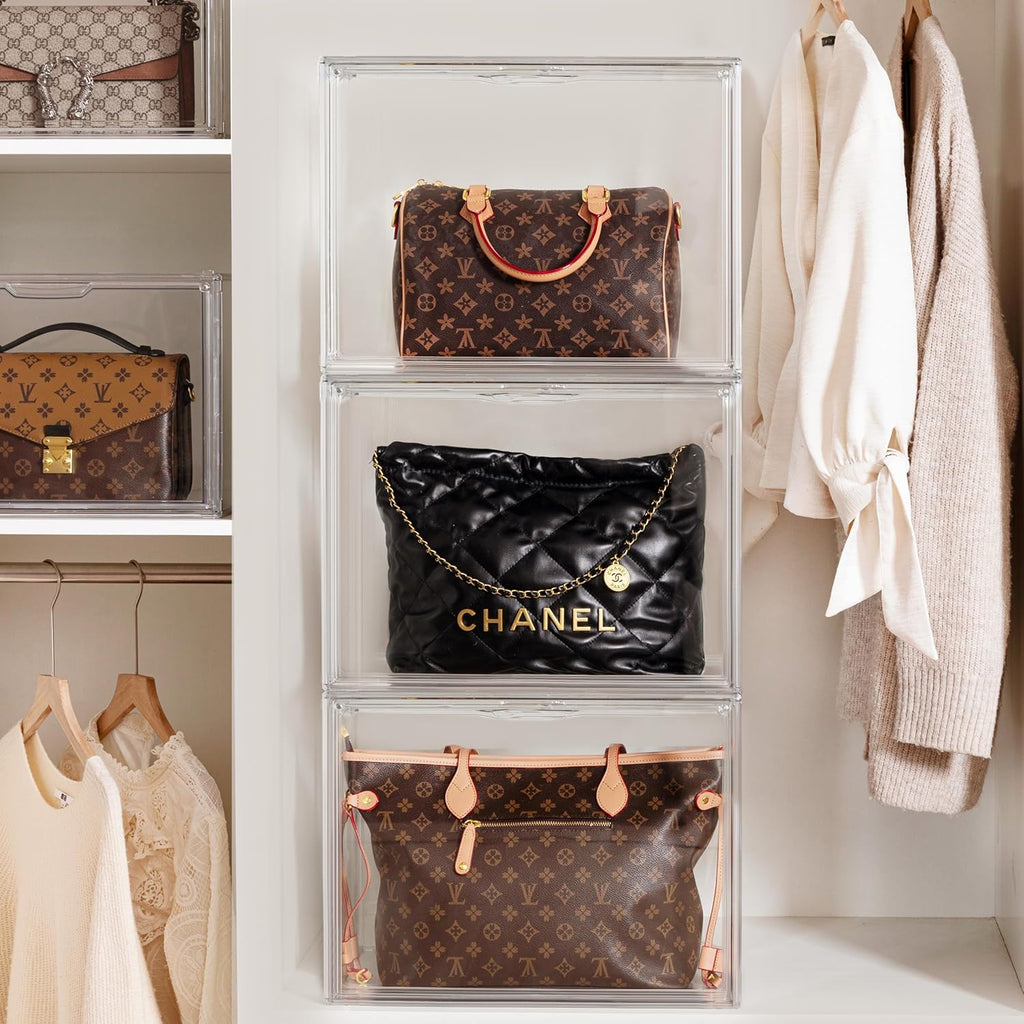 HBlife 3 Pack Purse Storage Organizer for Closet, X-Large Clear Stackable Handbag Display Case Box with Magnetic Door for Collectibles, Cosmetics, Women Heels and Toys