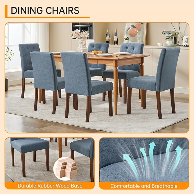Upholstered Dining Chairs Set of 6, Button Tufted Parsons Chairs with Wood Legs and Padded Seat, Modern Fabric Side Chairs for Dining Room Kitchen Farmhouse Hotel, Blue