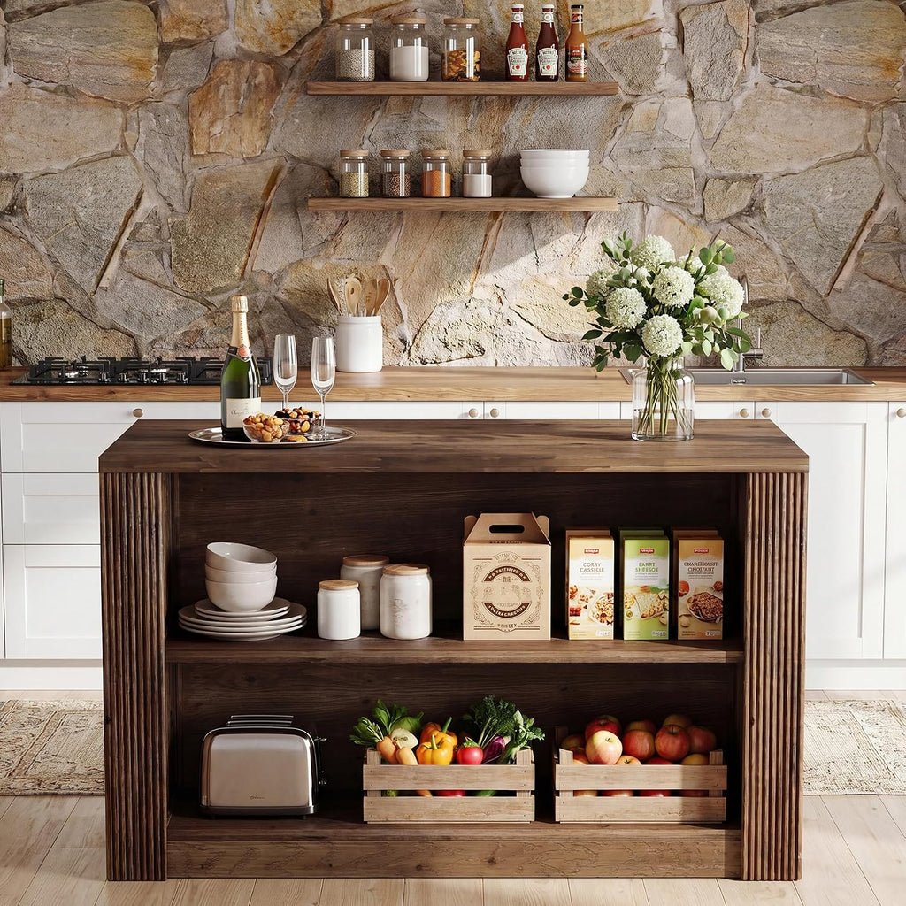 55" Solid Wood Kitchen Island Table with Storage | Farmhouse Island Table with 2-Tier Open Shelves, Sturdy Counter Height Bar Table for Kitchen, Dining Room, Rustic Brown