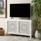 SAFAVIEH Raelie TV Stand for up to 50" Flatscreen – White Washed, 2 Doors with Interior Storage, Entertainment Media Console Cabinet, Fully Assembled (MED5301A)
