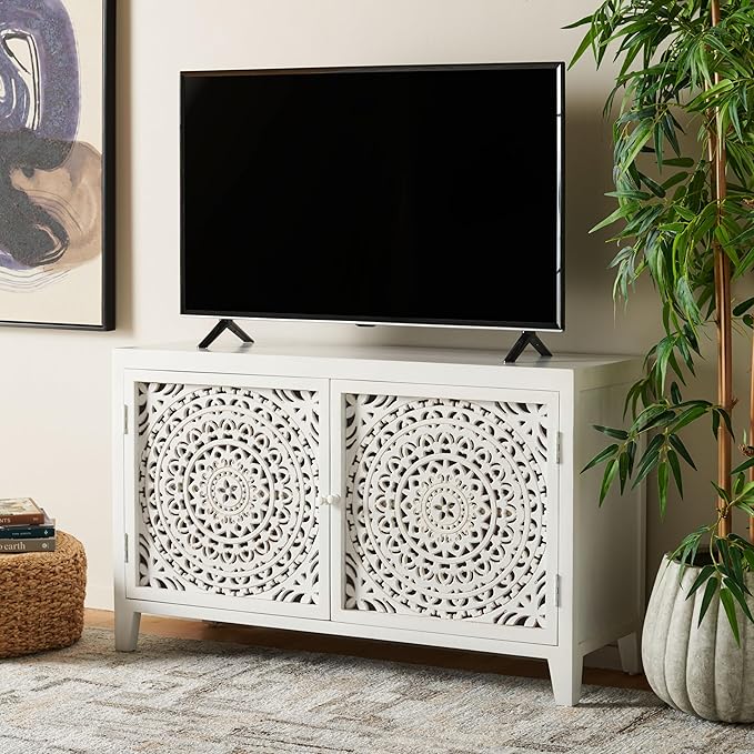 SAFAVIEH Raelie TV Stand for up to 50" Flatscreen – White Washed, 2 Doors with Interior Storage, Entertainment Media Console Cabinet, Fully Assembled (MED5301A)