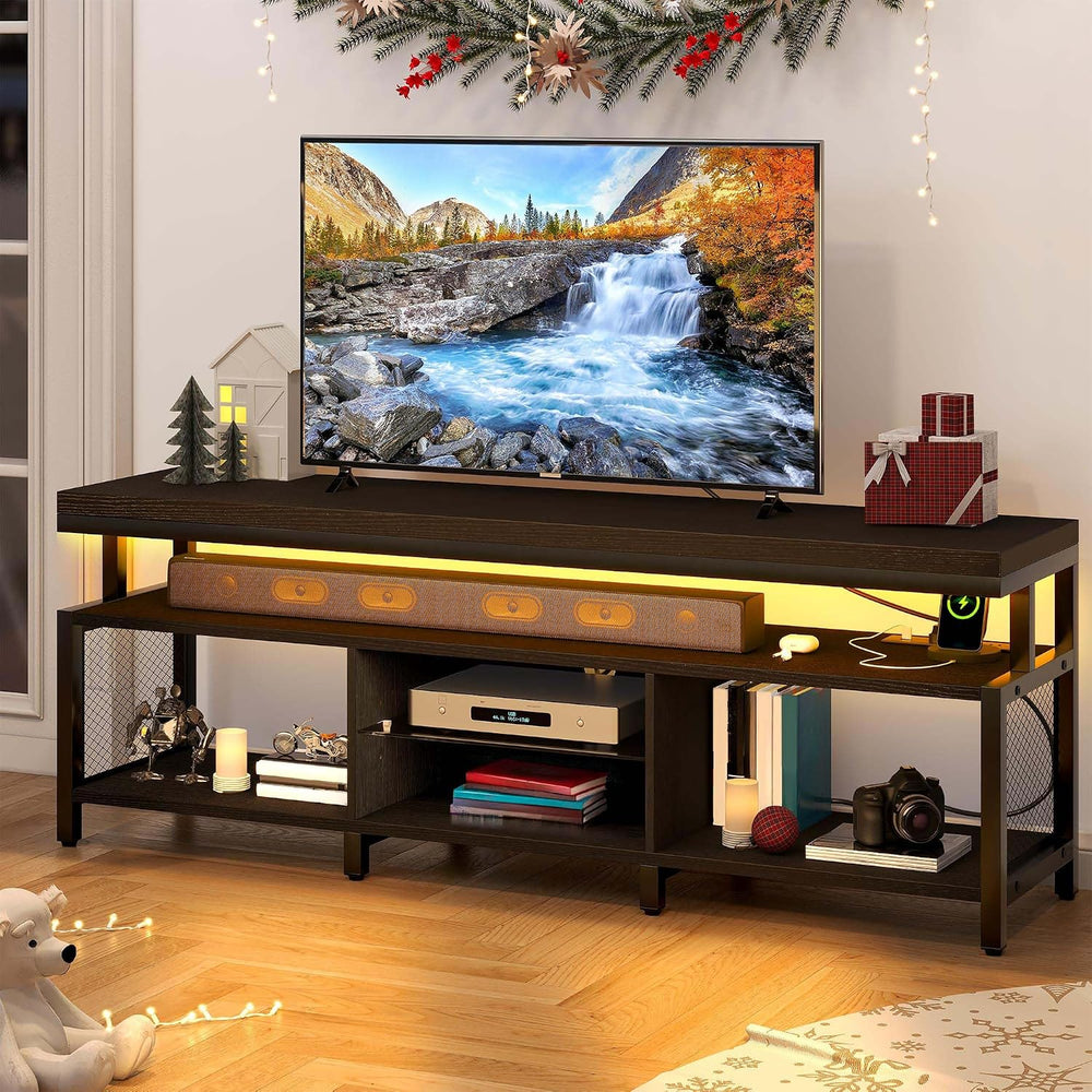 YITAHOME LED Industrial TV Stand with Power Outlets, Living Room, Black | Ent...