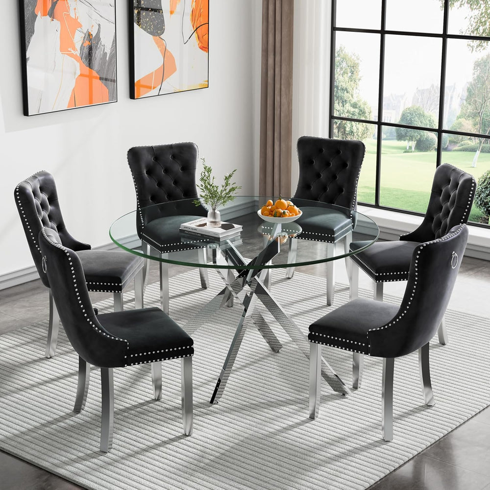 7-Piece Round Glass Dining Table Set for 6, 47" Circle Kitchen Table wit...