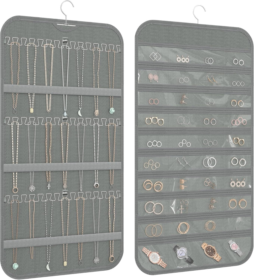 Hanging Jewelry Organizer Storage, 40 Pockets 36 Hooks Necklace Earring Necklace Bracelet Ring Organizer, Double - Sided Design, Grey