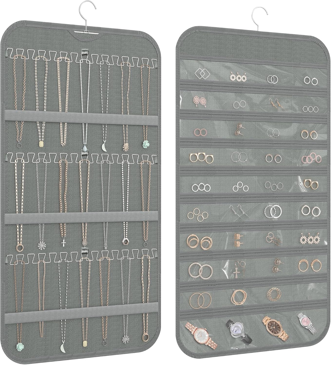 Hanging Jewelry Organizer Storage, 40 Pockets 36 Hooks Necklace Earring Necklace Bracelet Ring Organizer, Double - Sided Design, Grey