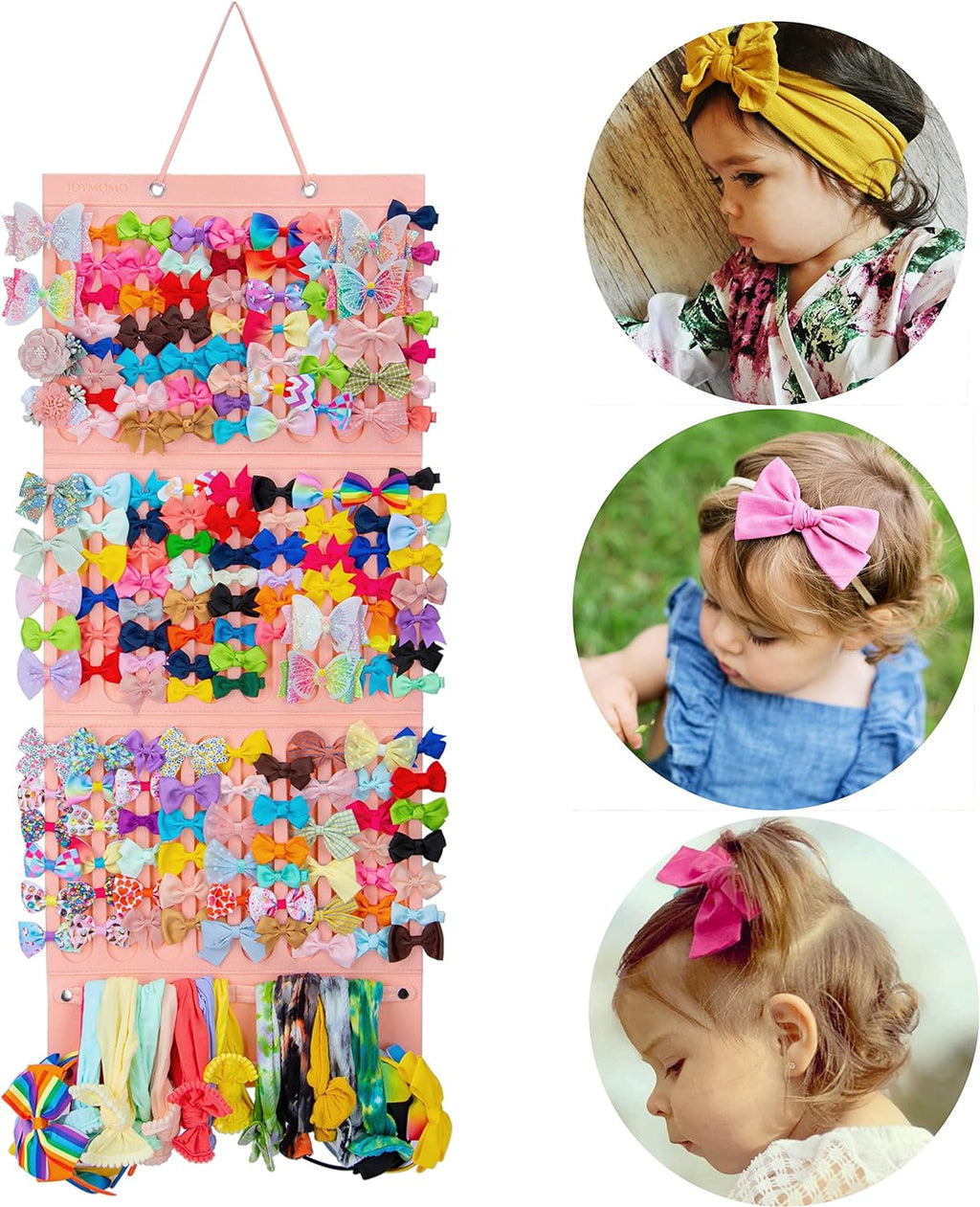 Girly Pink Hair Accessory Organizer - Holder for Girls' Hair Bows, Clips, Ties & Scrunchies - Foldable Wall Mount Storage Caddy