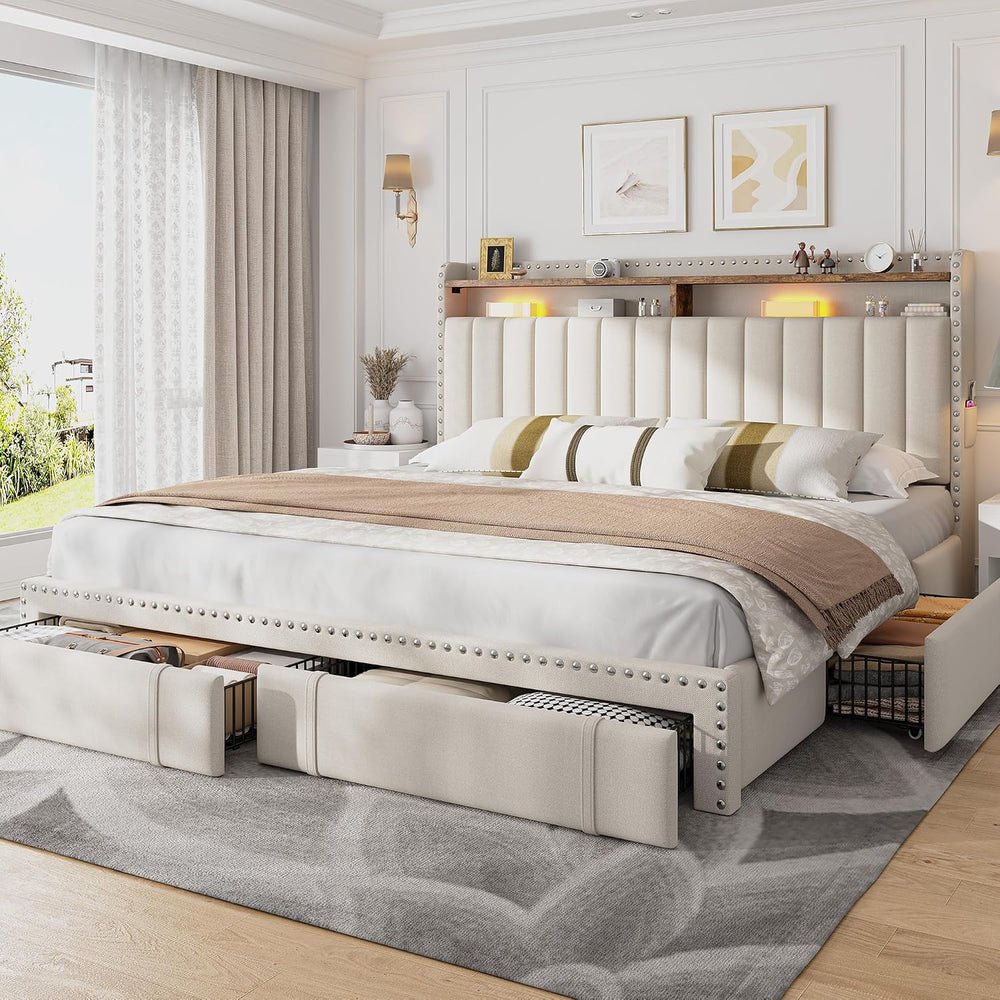 EnHomee King Size Bed Frame with 4 Storage Drawers & Storage Headboard