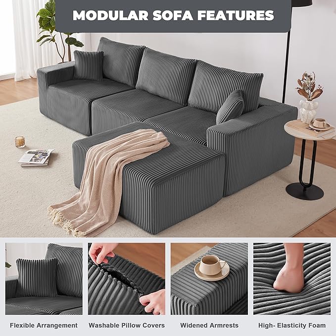 107" Modular Sectional Sofa, L-Shaped Boneless Couch with Deep Seat, Cozy Cloud Couch Sectional with Convertible Ottoman, Modern Sectional Couches for Living Room, No Assembly, Darkgray