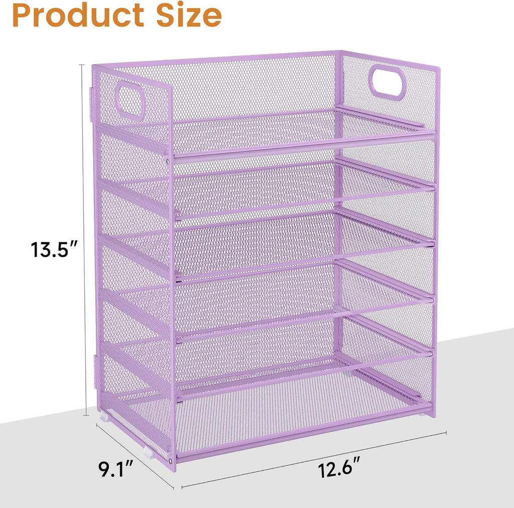 Subekyu 6 Tier Paper File Tray Organizer for Desk, Purple Mesh Desk Letter Paper File Folder Accessories Sorter Organizer with Handle, Stackable Slide Tray for Office, Home or School Supplies Storage