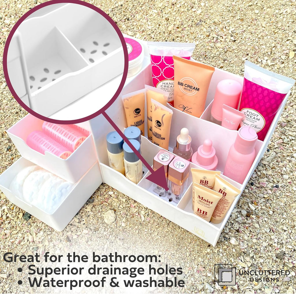 Uncluttered Designs Large Makeup Organizer for Vanity - Countertop Desk With Drawers for Cosmetic, Beauty, Hair, Nail, Perfume & Skincare - Perfect for Bathroom & Bedroom Storage (White)