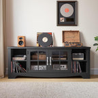 LINSY HOME Farmhouse TV Stand for 65 Inch TV, Wood Entertainment Center with Glass Door Storage Cabinet & Adjustable Shelves, Sturdy TV Console Table for Living Room Bedroom, Black