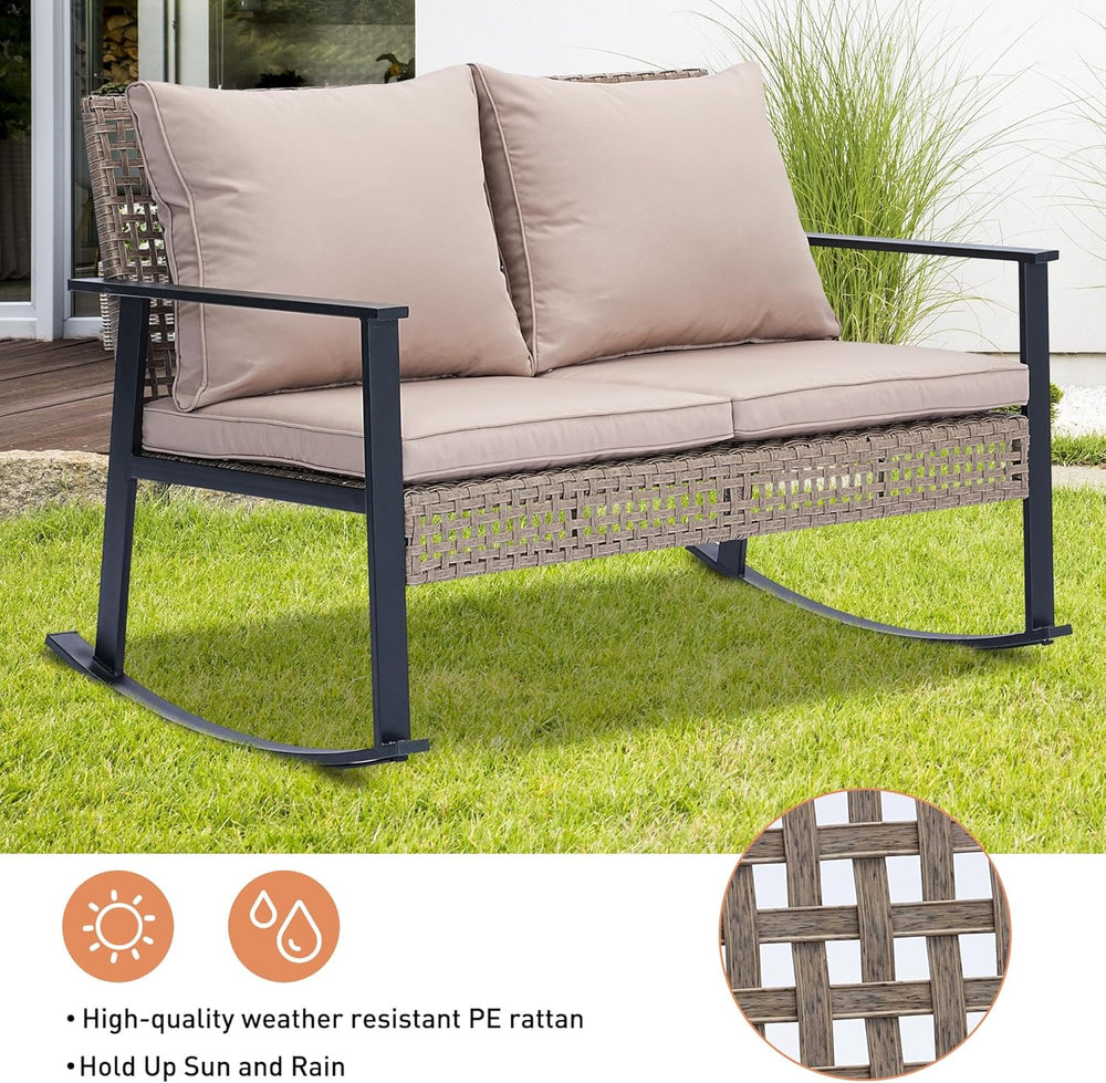 Ainfox Outdoor Wicker Loveseat Rocking Chair, Patio Rattan Rocker Chair with ...