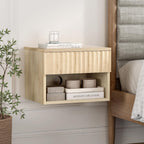 Floating Nightstand with Drawer and Open Shelf, Small Wall Mounted Bedside End Table, Modern Fluted Night Stand for Bedroom, Living Room, Light Oak