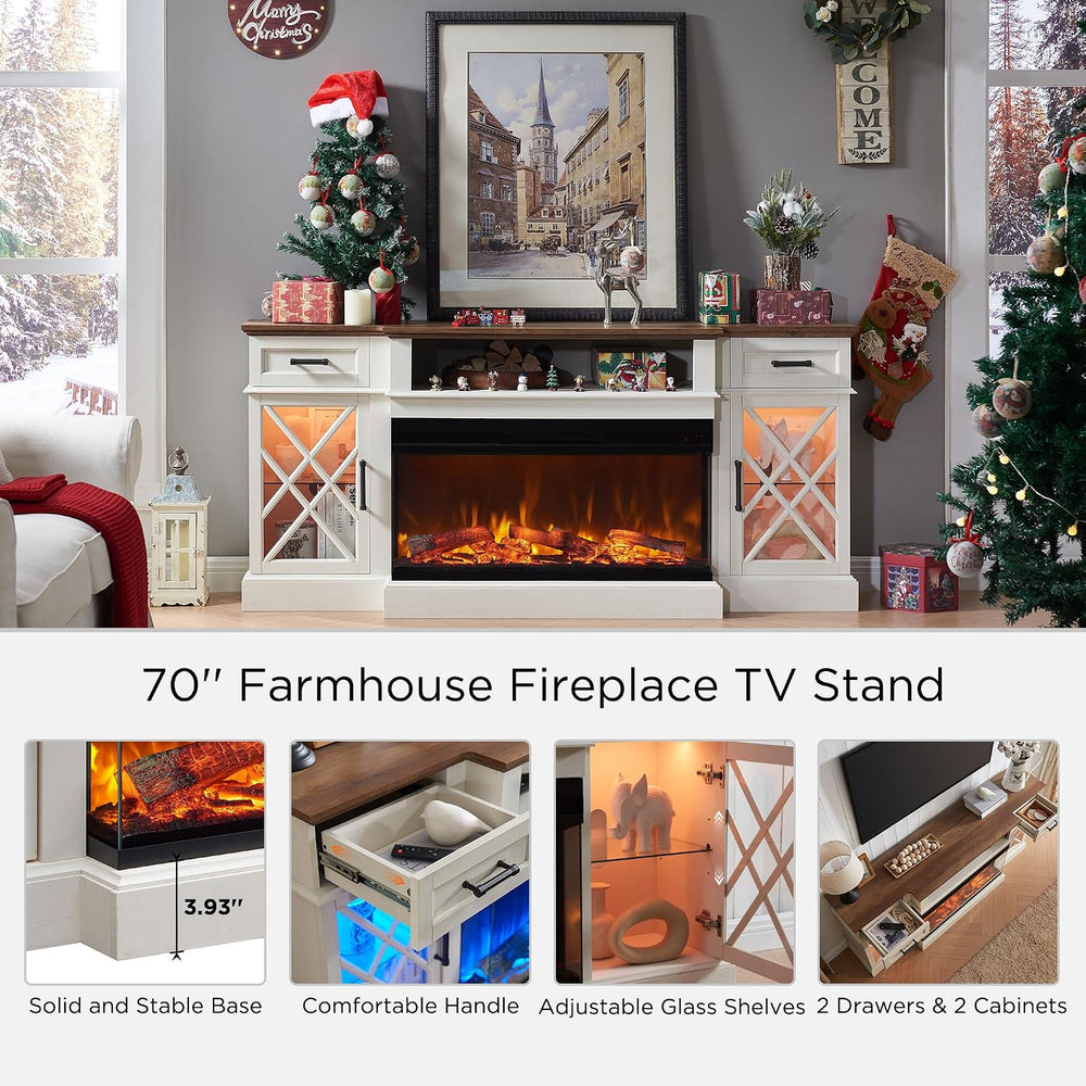 OKD 3-Sided Glass Farmhouse Electric Fireplace TV Stand for TVs up to 80'...