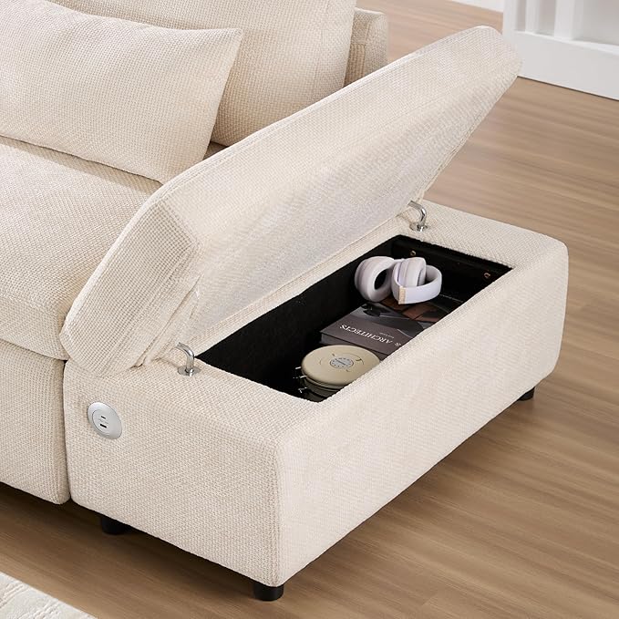 Ball & Cast Modular Convertible L-Shaped Sectional Sleeper Sofa Bed Pull Out Couch with Moveable Storage Ottoman,Oversized Chenille Pull-Out Sofa Bed W/Reclining Armrest&USB Port,for Living Room,Beige