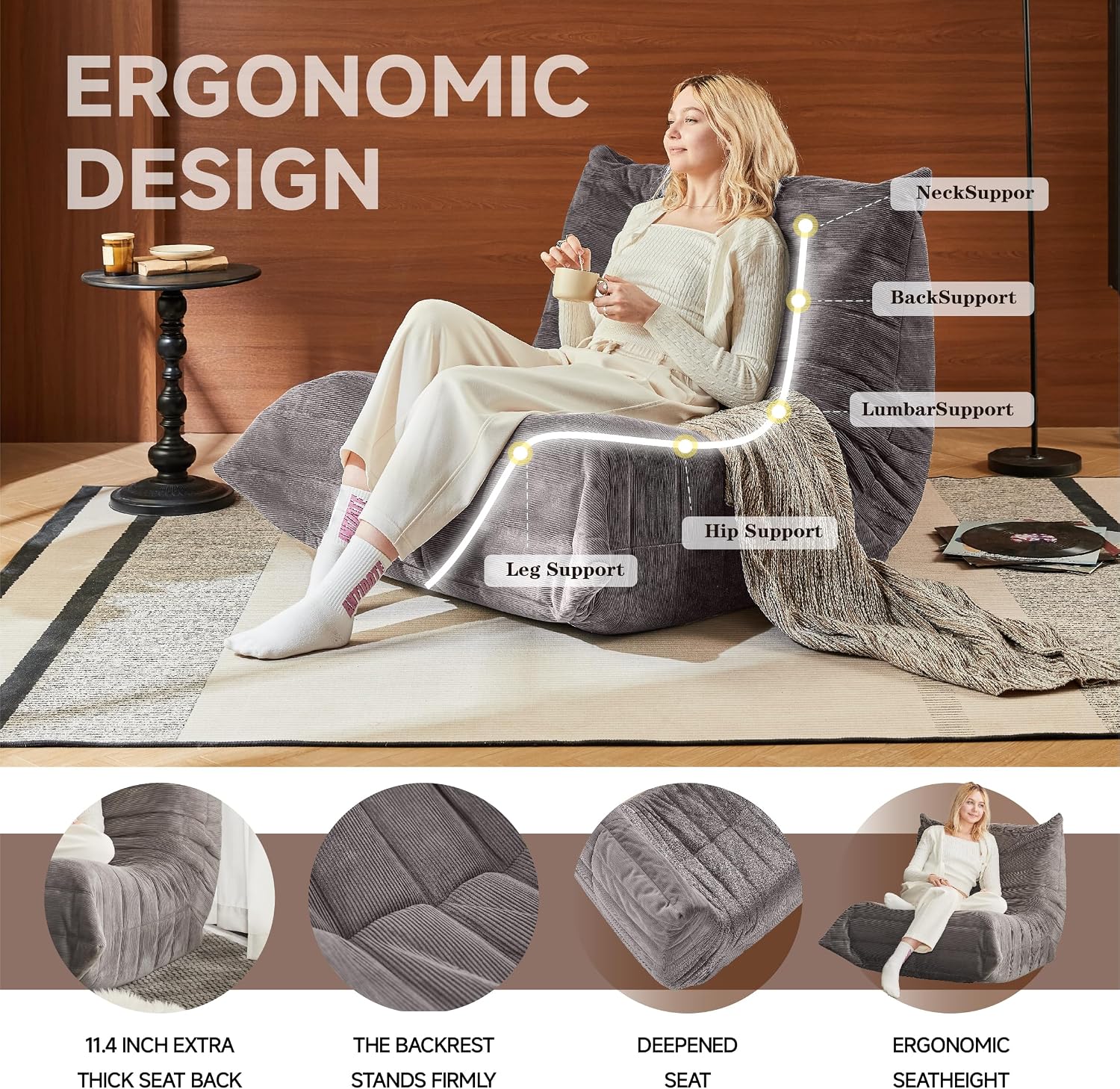 Bean Bag Chair for Adults,Bean Bag Chairs with High Density Comfortable Memory Foam,Giant Lazy Sofo Fireside Bean Bag Chair, for Living Room, Bedroom, Reading & TV (Grey)
