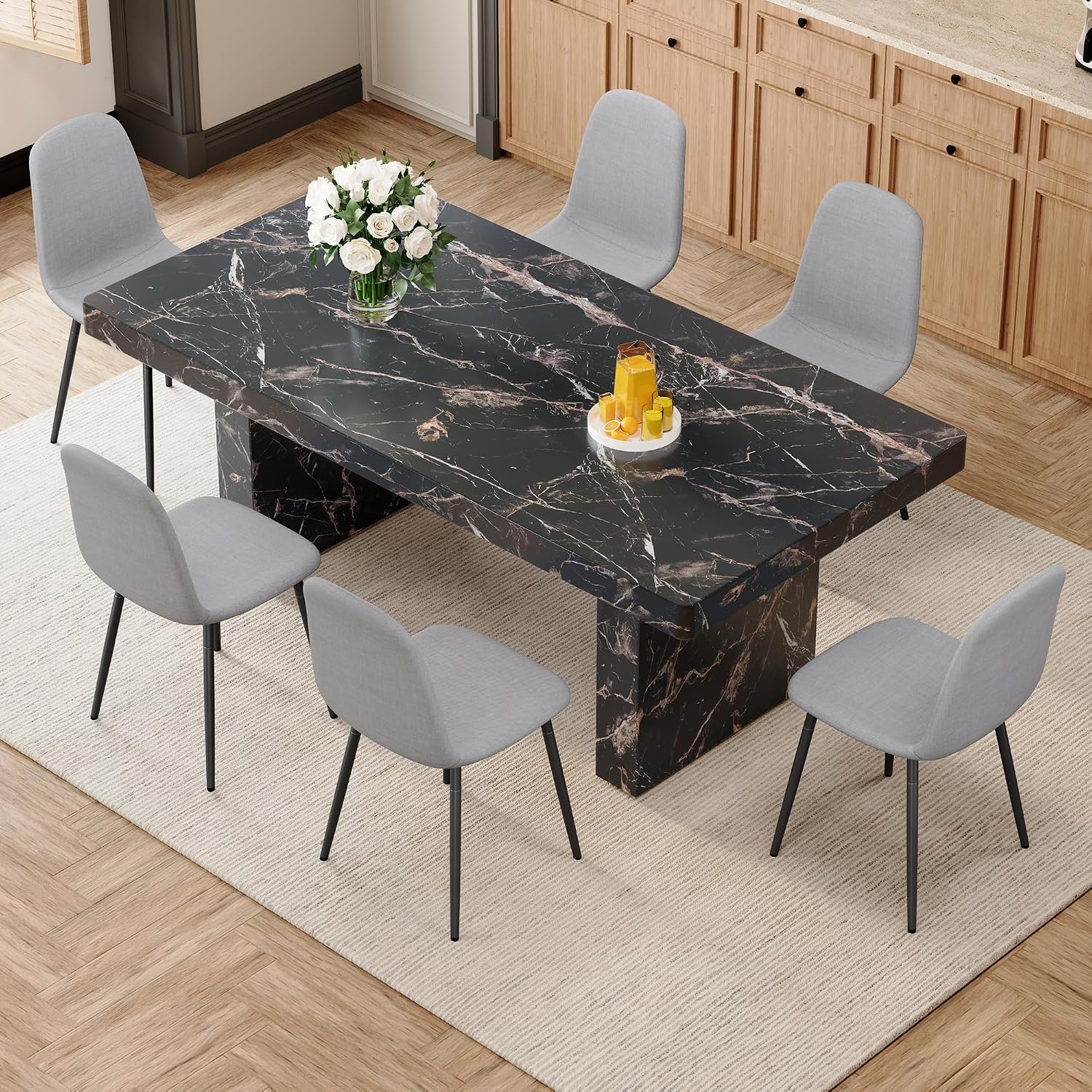 gopop Marble Dining Table Set 79" ｜Modern Dining Table Set with 6 Linen Chairs｜Engineered Wood with Marble Pattern Tabletop｜Widened and Stable Tablelegs｜Easy Assembly
