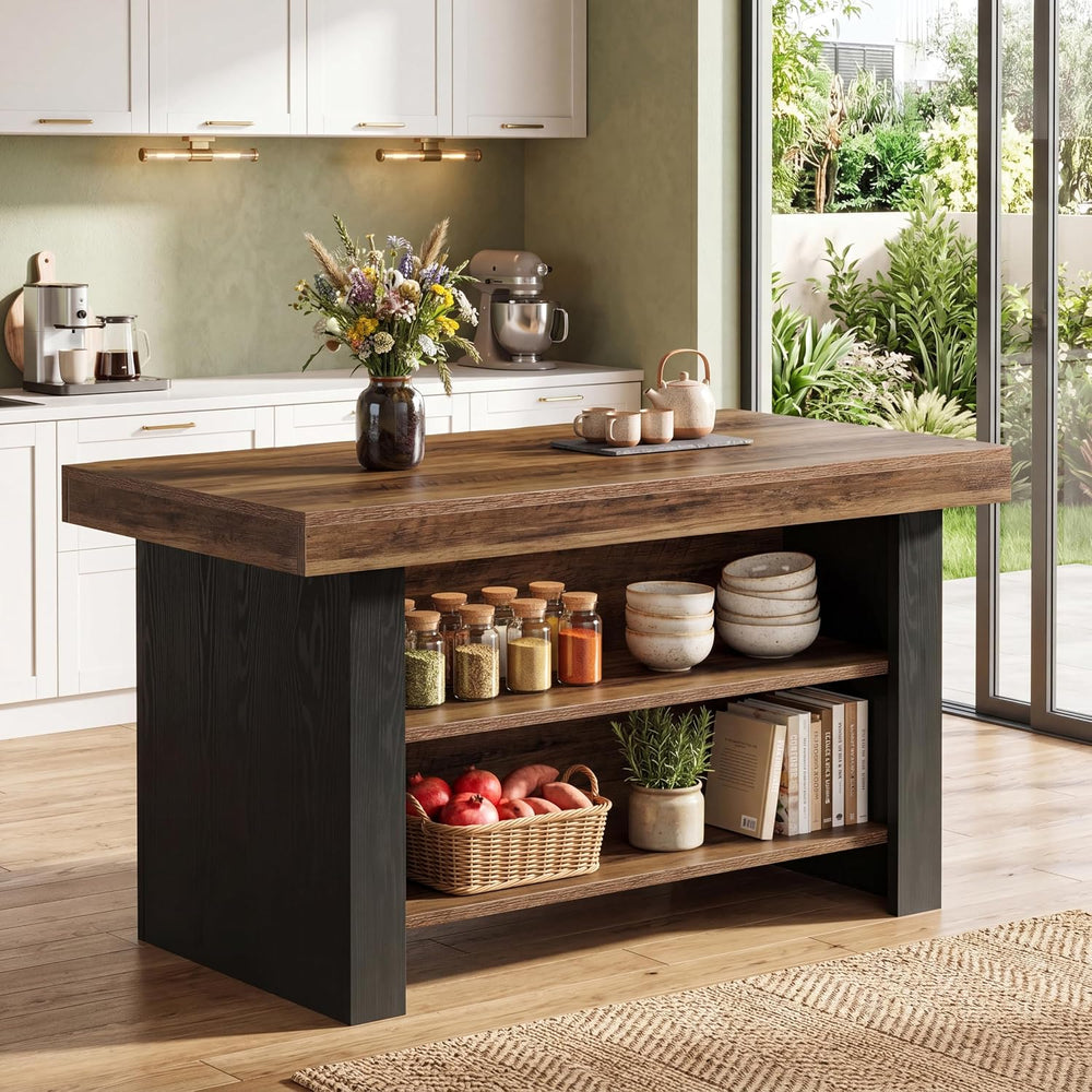 Tribesigns 55 Inch Kitchen Island Table with 2-Tier Storage, Farmhouse Center...
