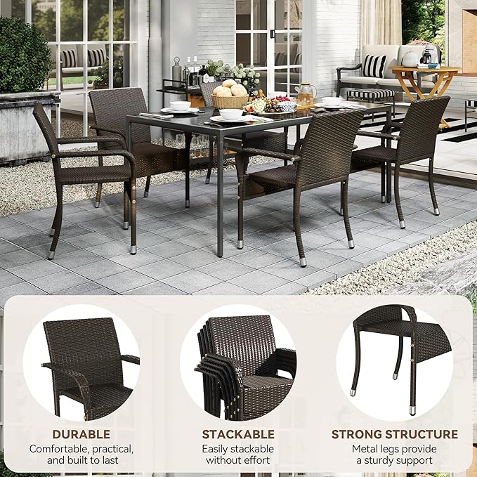 Yaheetech Set of 4 Stackable Outdoor Rattan Dining Chairs, All-Weather Armchair w/Armrests, Steel Frame for Garden, Patio, Deck, Yard, Poolside, Brown