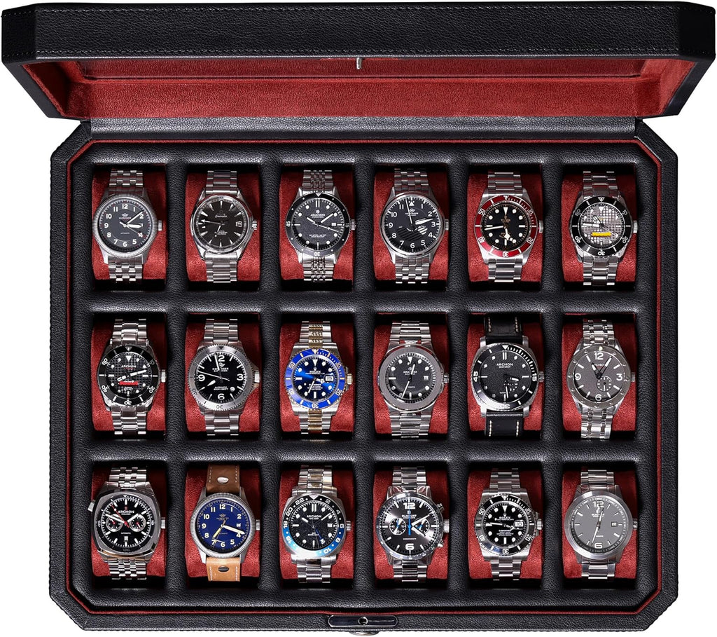 ROTHWELL 18-Slot Watch Case – Luxury Watch Box for Men, Real Glass Top, Lockable, Elegant Display for Collections (Black/Red)