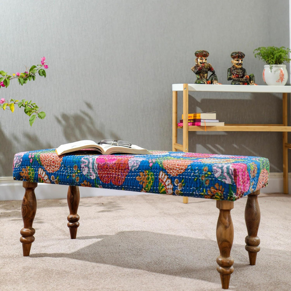 Desi Favors Blue Kantha Bench - Indian Cairo Wooden Bench - Handmade Kantha C...