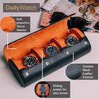 DailyWatch | Personalized Watch Roll Travel Case For 3 Watches - Handmade Genuine Leather Travel Case With Custom Engraving of Name or Initials - Black Orange