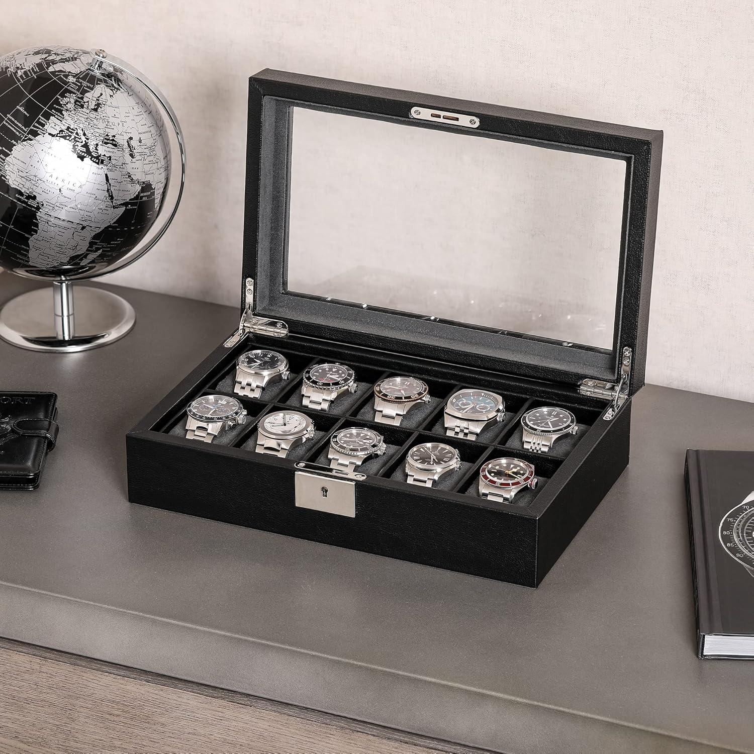 ROTHWELL 10 Slot Leather Watch Box - Luxury Case Display Jewelry Organizer - Locking Watch Display Case Holder with Large Glass Top - Box Organizer for Men and Women (Black/Grey)