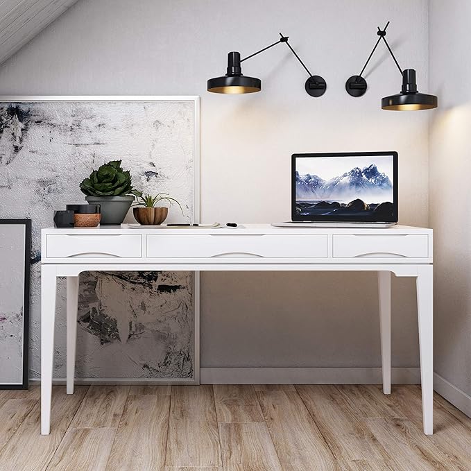 SIMPLIHOME Harper Desk - 60-Inch Wide Solid Hardwood Writing Desk in White, Mid-Century Modern Home Office Computer Table for Workspace or Study with 2 Drawers and Flip-Down Keyboard Tray