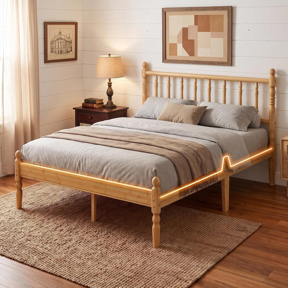 14 Inch Bamboo Wood Spindle Platform King Bed Frame with Headboard