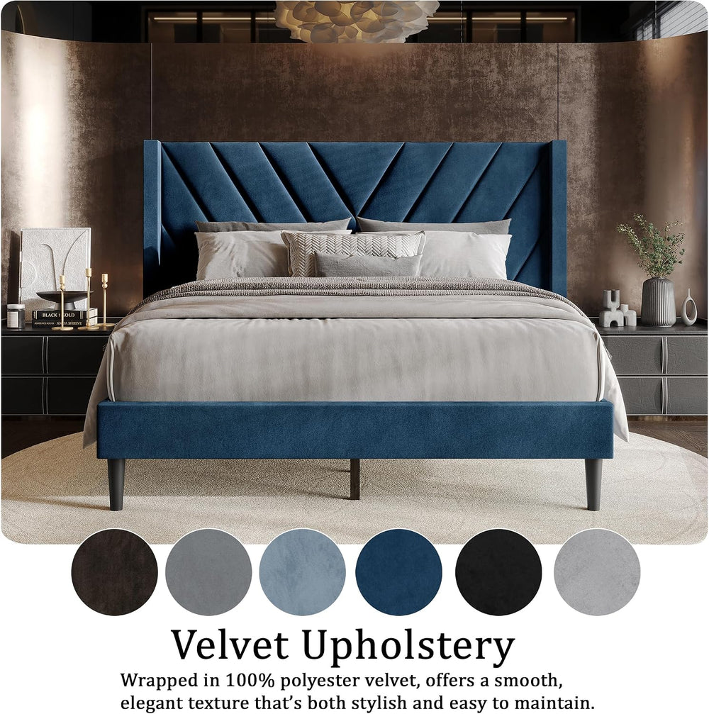 Queen Platform Bed Frame with Chevron-Stitched Wingback Headboard, Velvet Uph...