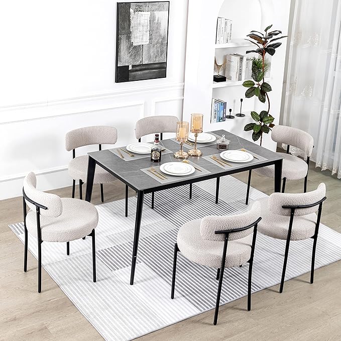 DYHOME Light Grey Boucle Dining Chairs Set of 6, Mid Century Modern Upholster...