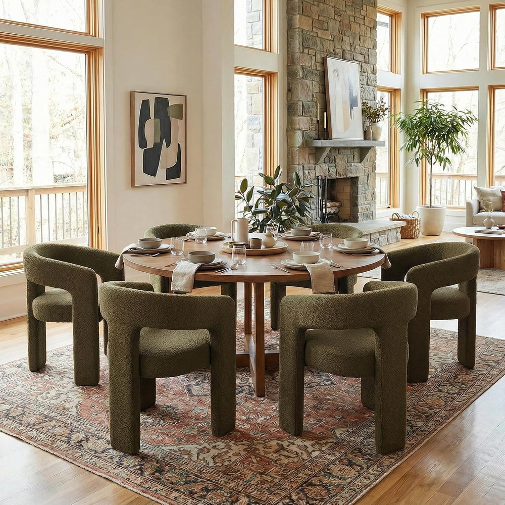 Green Sherpa Dining Chairs Set of 6, Modern Barrel Dining Room Chairs Upholst...