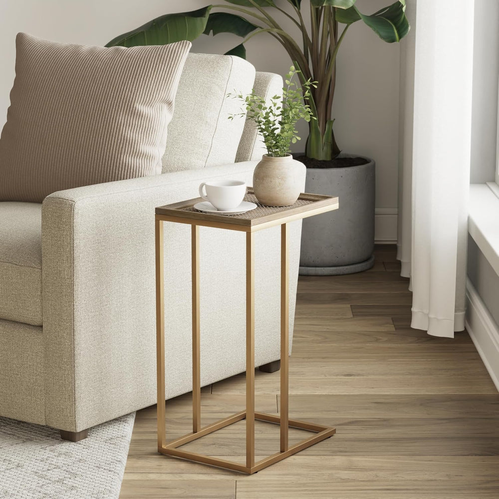 Farmhouse C Shaped End Table with Distressed Wood & Metal Woven Tray Top,...