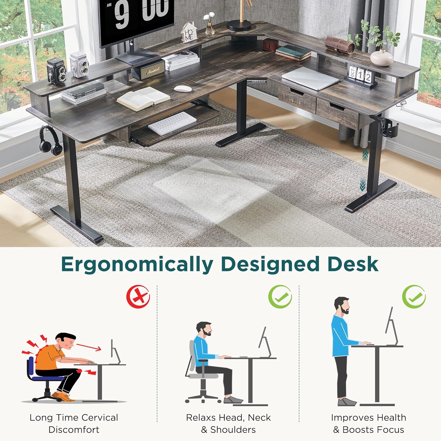 RedLemon 75X60 Inches L Shaped Electric Standing Desk,Height Adjustable Corner Gaming Desk with Drawers, Keyboard Tray, Power Outlets & LED Lights, Computer Desk with Monitor Shelf, Dark Rustic Oak